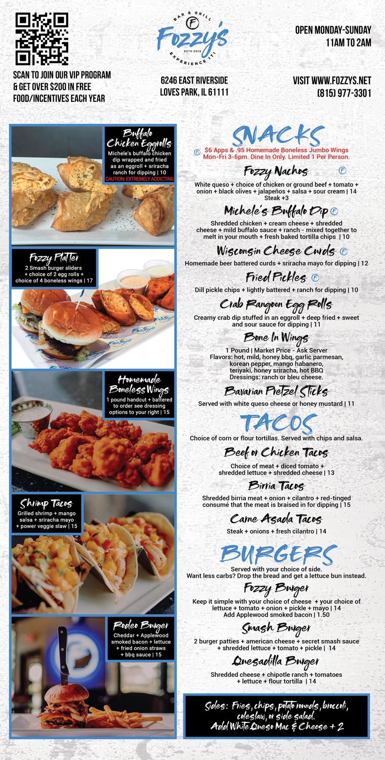 Forefront Main Menu Main Menu – QR Code – Fozzy's Bar & Restaurant, Loves Park
